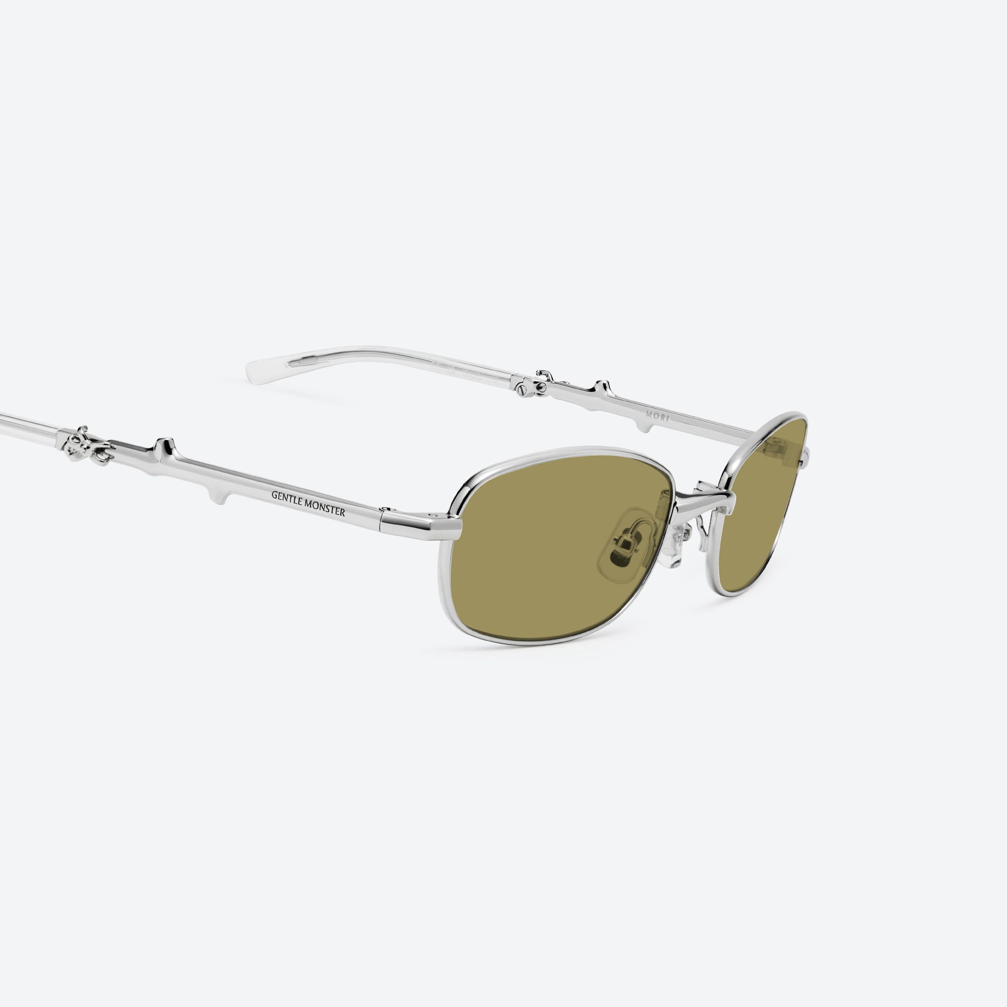 45-degree detailed view of Gentle Monster Mori 02(BR) Silver Metal framed Square sunglasses.
