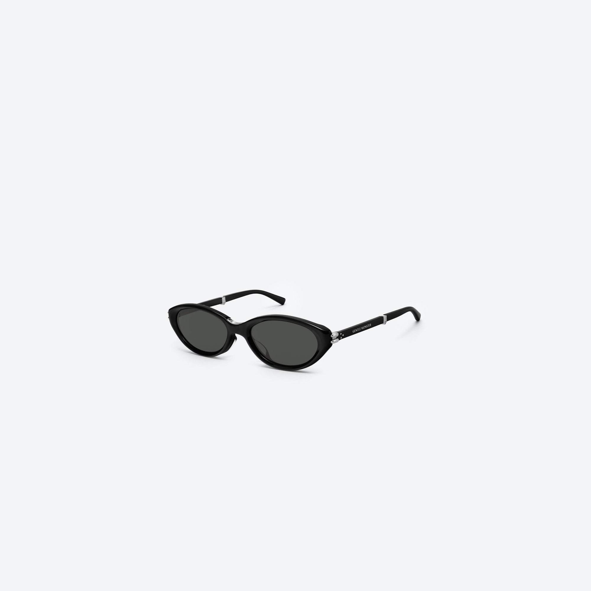45-degree view of Gentle Monster Zest 01 Black Acetate framed Oval sunglasses.