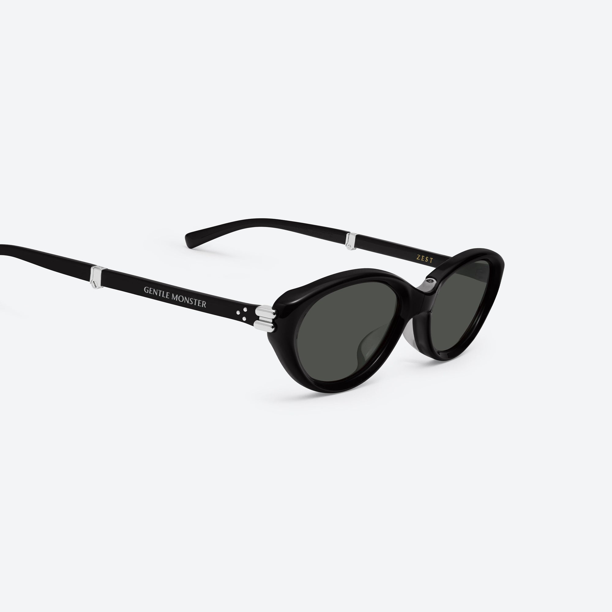 45-degree detailed view of Gentle Monster Zest 01 Black Acetate framed Oval sunglasses.