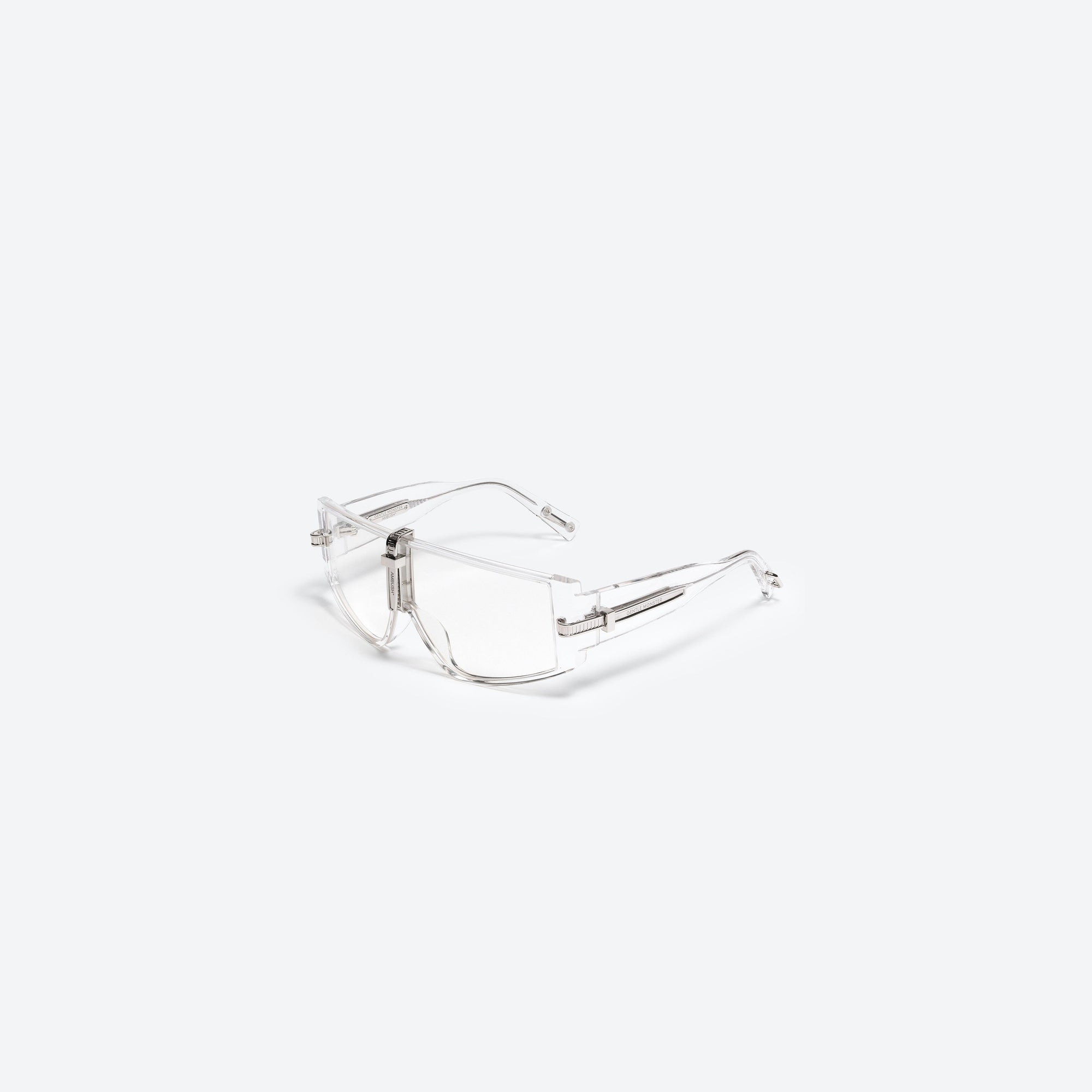 45-degree view of Gentle Monster Ambush - Ziptie C1 Clear Acetate framed Wraparound sunglasses.