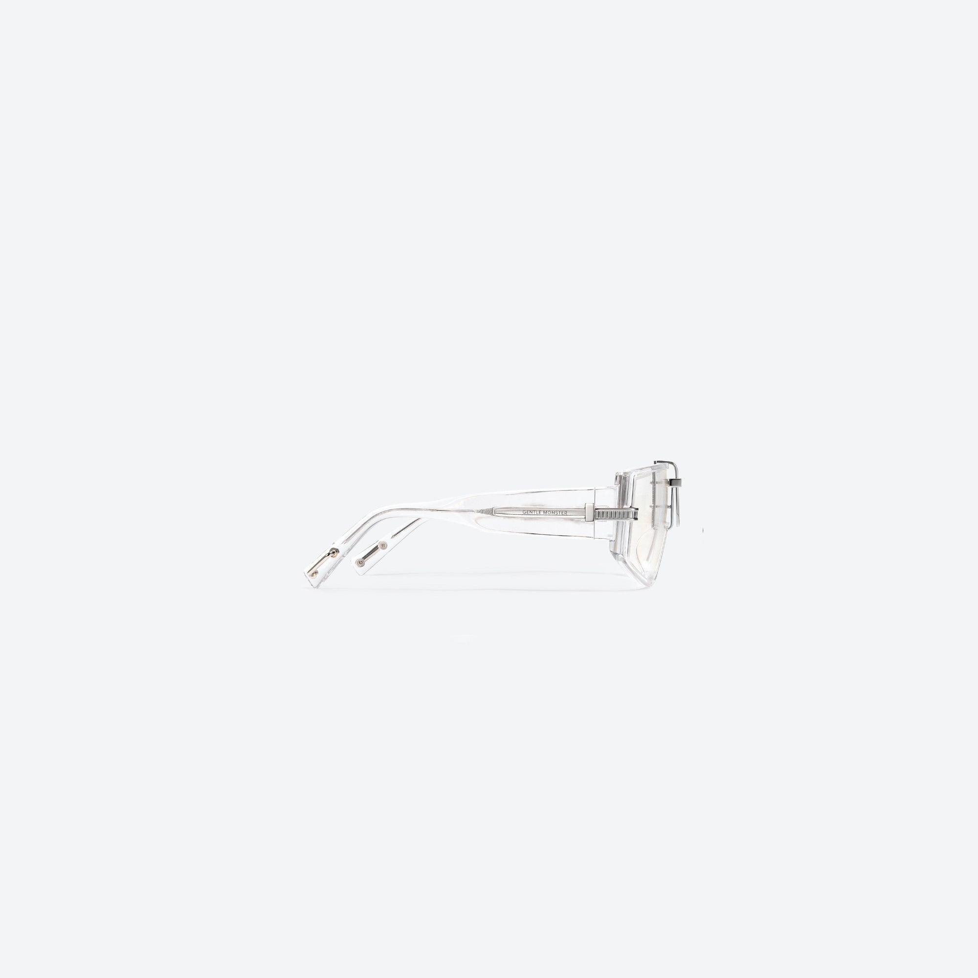 A detailed right view of Gentle Monster Ambush - Ziptie C1 Clear Acetate framed Wraparound sunglasses.