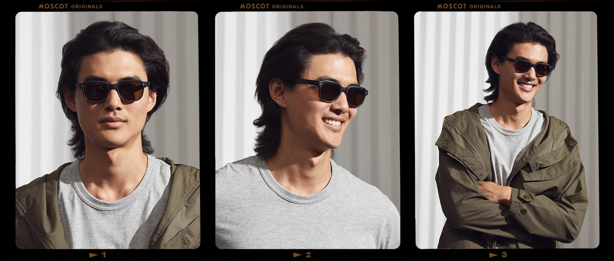 Model is wearing The MORRIS SUN in Matte Black in size 50 with Cosmitan Brown Glass Lenses