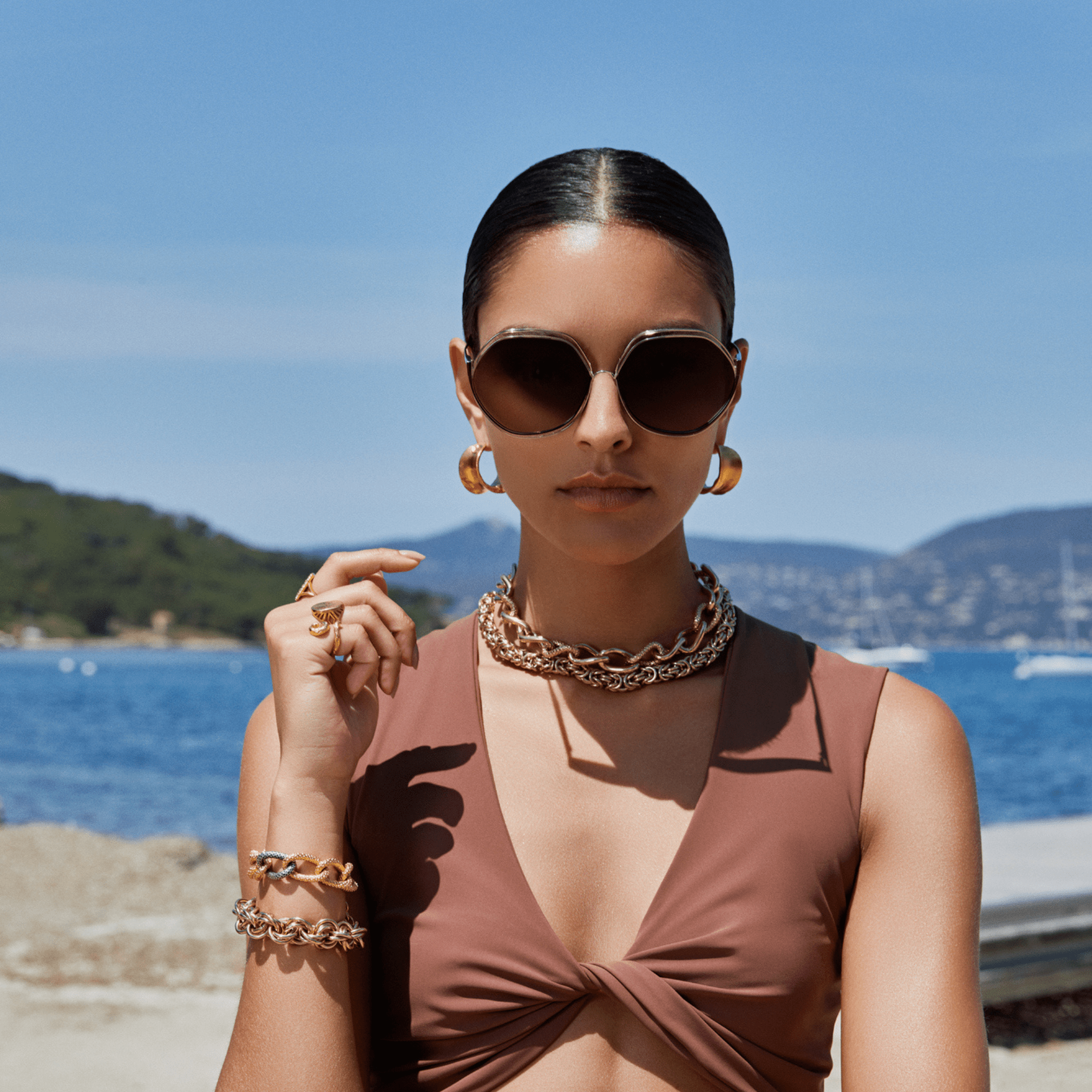 Aspen Sunglasses in 22K Gold and Mocha