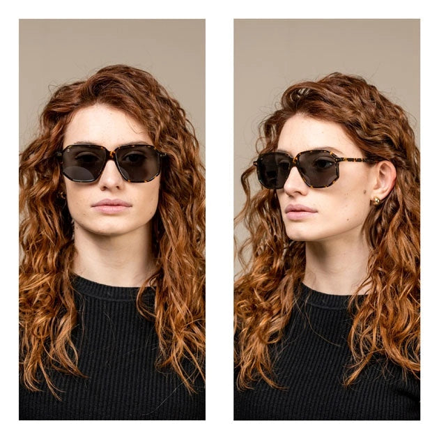 Kyme Eyewear Sebastien: oversized ultralite acetate aviator sunglasses. Color Dark avana/amber, Material Acetate cellulose, Size XL