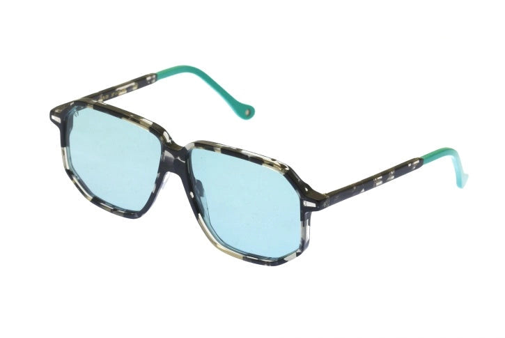 Kyme Eyewear Sebastien: oversized ultralite acetate aviator sunglasses. Color Camou black/teal, Material Acetate cellulose, Size XL
