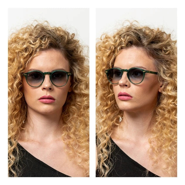 Kyme Eyewear Miki: original pantos vintage sunglasses. Color Dark avana/transparent pink temples, Material Acetate ellulose