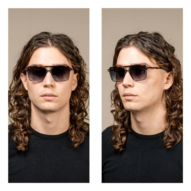 Kyme Eyewear Jorges: oversized ultralite acetate rectangular sunglasses. Color Camou black/teal, Material Acetate cellulose, Size Large