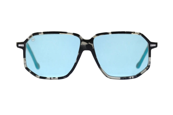 Kyme Eyewear Sebastien: oversized ultralite acetate aviator sunglasses. Color Camou black/teal, Material Acetate cellulose, Size XL