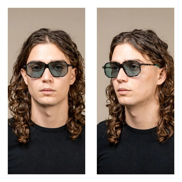 Kyme Eyewear Sebastien: oversized ultralite acetate aviator sunglasses. Color Camou black/teal, Material Acetate cellulose, Size XL