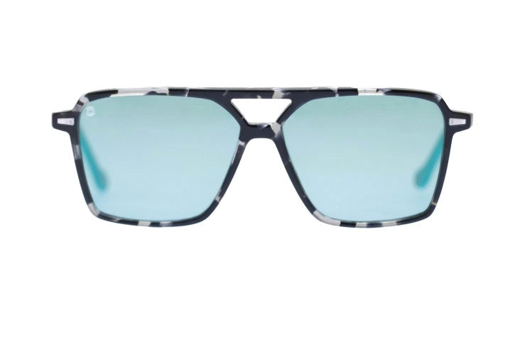 Kyme Eyewear Jorges: oversized ultralite acetate rectangular sunglasses. Color Camou black/teal, Material Acetate cellulose, Size Large